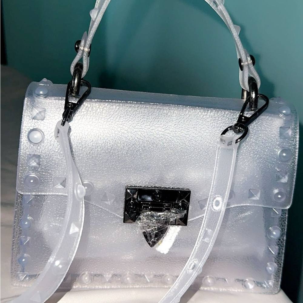 White Shoulder Bag with Silver Hardware and Stud Details